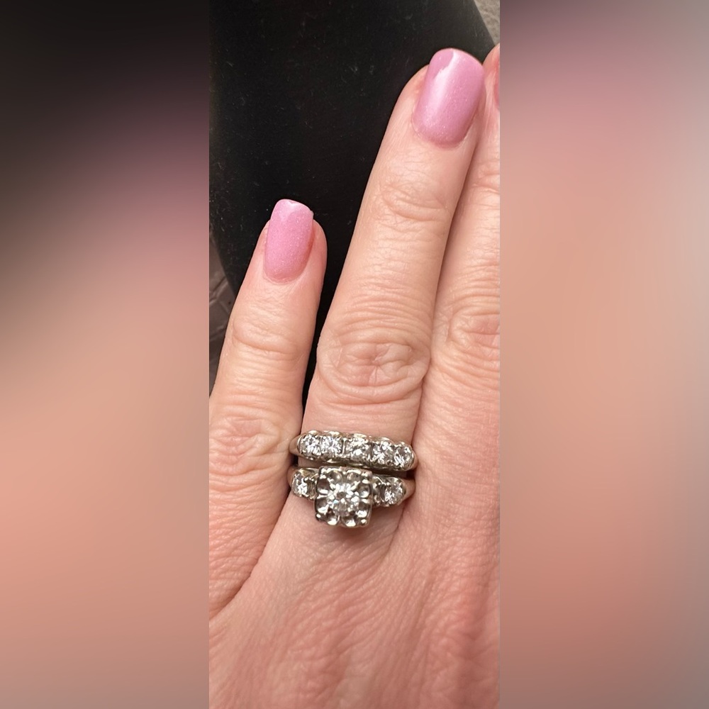 Vintage 1950s Diamond Wedding Set 14K White Gold Estate